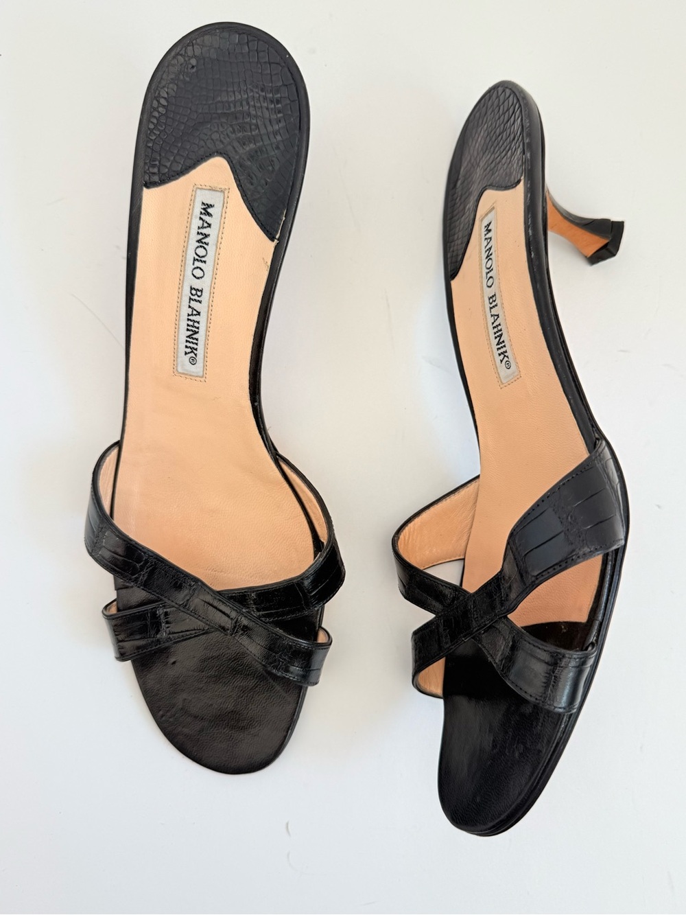Manolo Blahnik Callamu Black Crocodile Leather Crisscross Slide heels 40.5